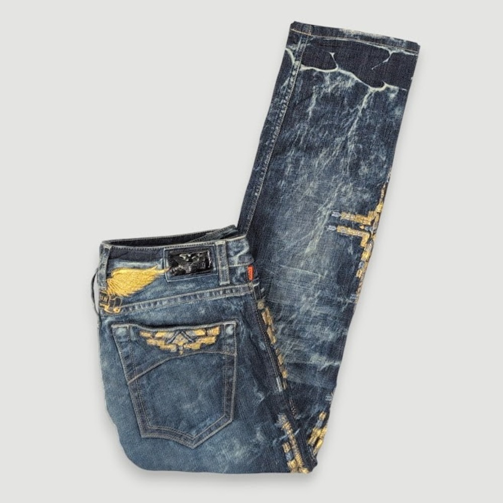 Robins Jean Slim Chapa Gold Indigo Raw Denim Mens 36x32 Studded Embroidered